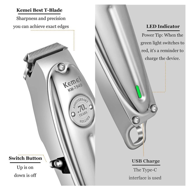KEMEI Professional Beard and Hair Trimmer for Men, Cordless T-Blade Trimmers, Electric Hair Clippers for Barbers and Stylists, All Body Grooming Model 1949