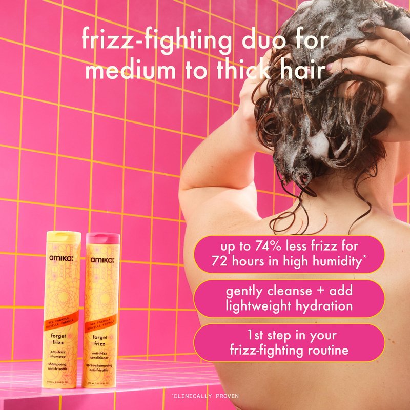 amika forget frizz anti-frizz shampoo, 1000ml | smoothing, humidity protection, up to 72 hour frizz control + lightweight hydration, for medium to thick coarse hair types 2a-4c