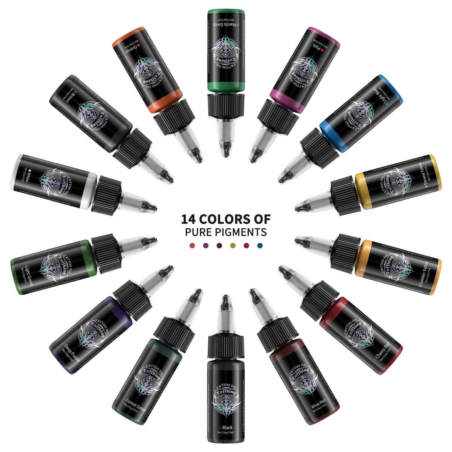 Tuffking Tattoo Ink Set 1/2 oz Pigment Tatoo Ink Professional Tattoo Ink Color Set 14 Colors(14 Colors 15ml)