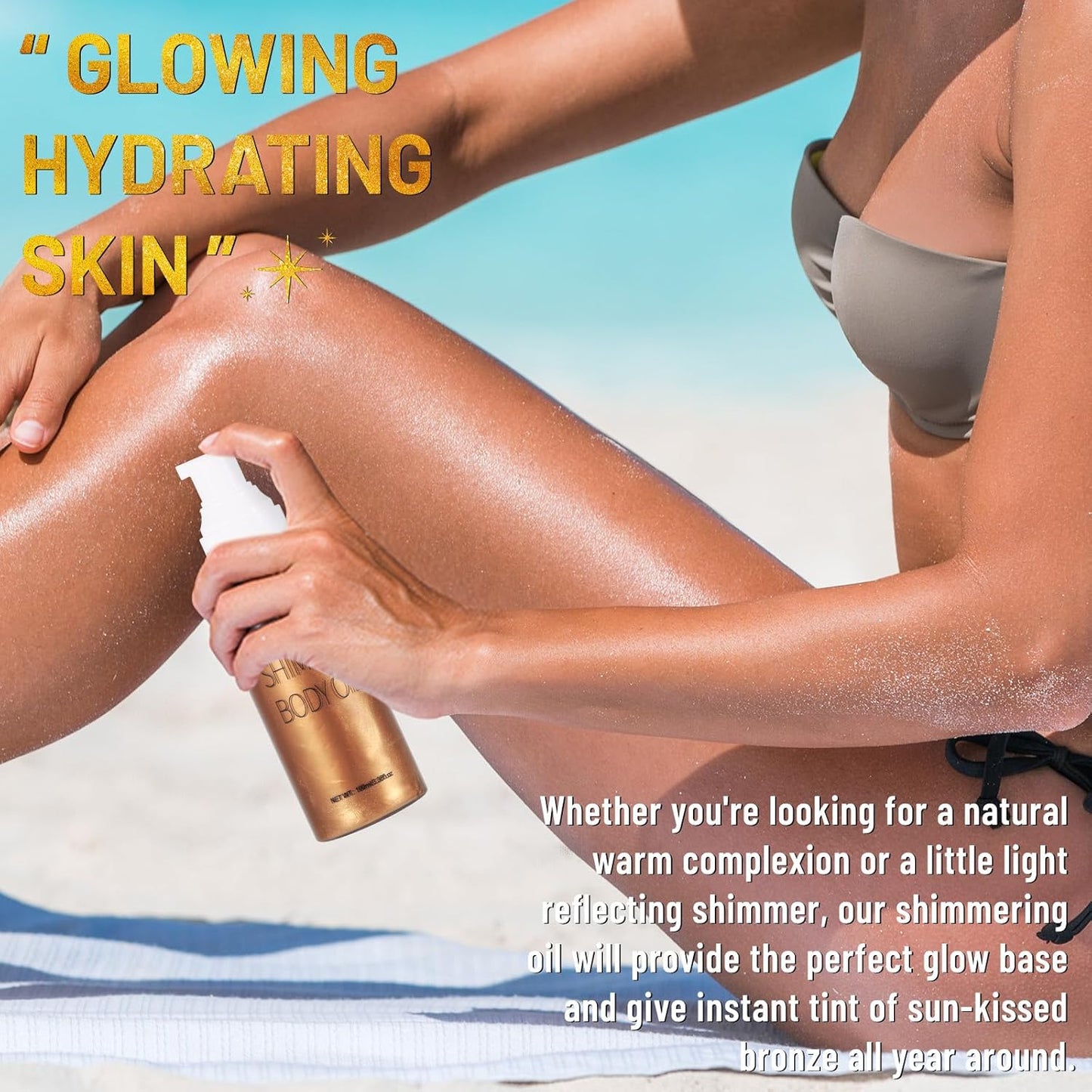 UCANBE Body Shimmer Oil - Moisturizing Glitter Illuminator for Glowing Skin | 100ml Bronze Gold