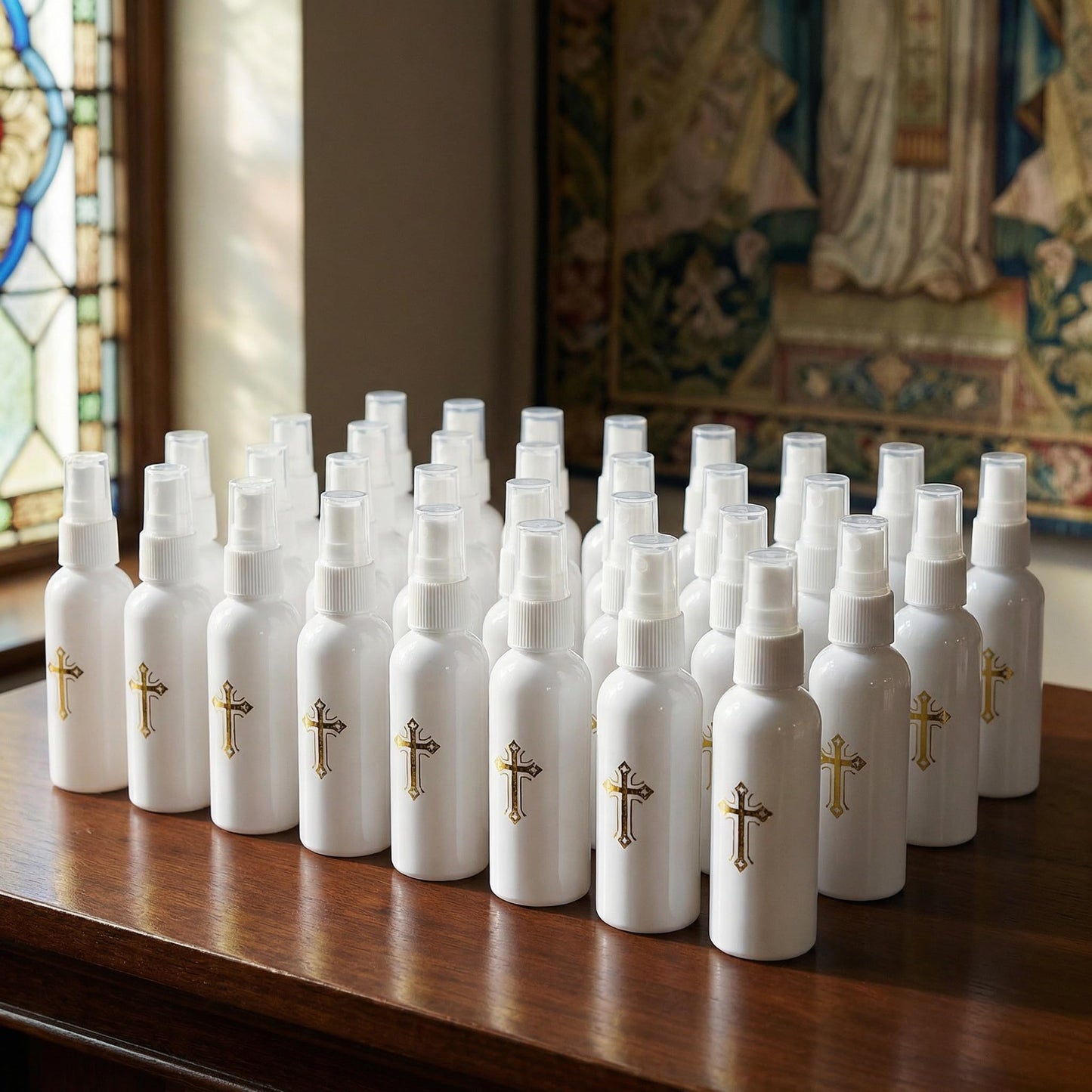 Hiceeden 30 Pcs 60ML Spray Bottles with Gold Cross Pattern, Empty Plastic Catholic Water Container, Portable Water Bottles for Halloween Easter Party, White (2oz)