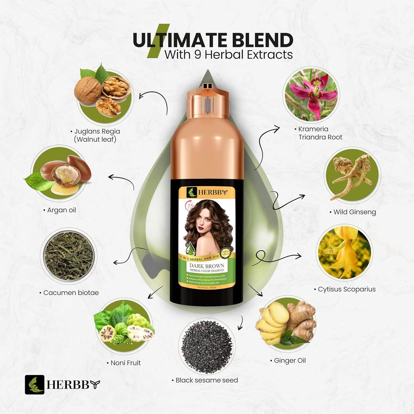 Hair Color Shampoo for Gray Hair Coverage | 9 Herbal Extracts, Long-Lasting Dark Brown Dye, 500ml