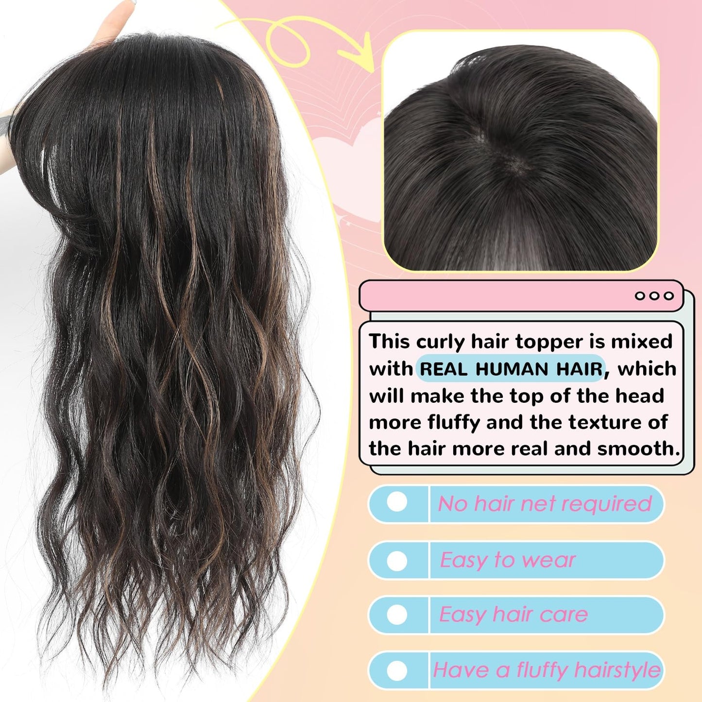 Hair Toppers for Women, 20 Inch Hand Tied Breathable Toppers Hairpieces for Women with Thinning Crown Middle Part Bangs Mix Human Hair Wavy Curly Lightweight Wiglets (Dark Brown Mixed Chestnut)