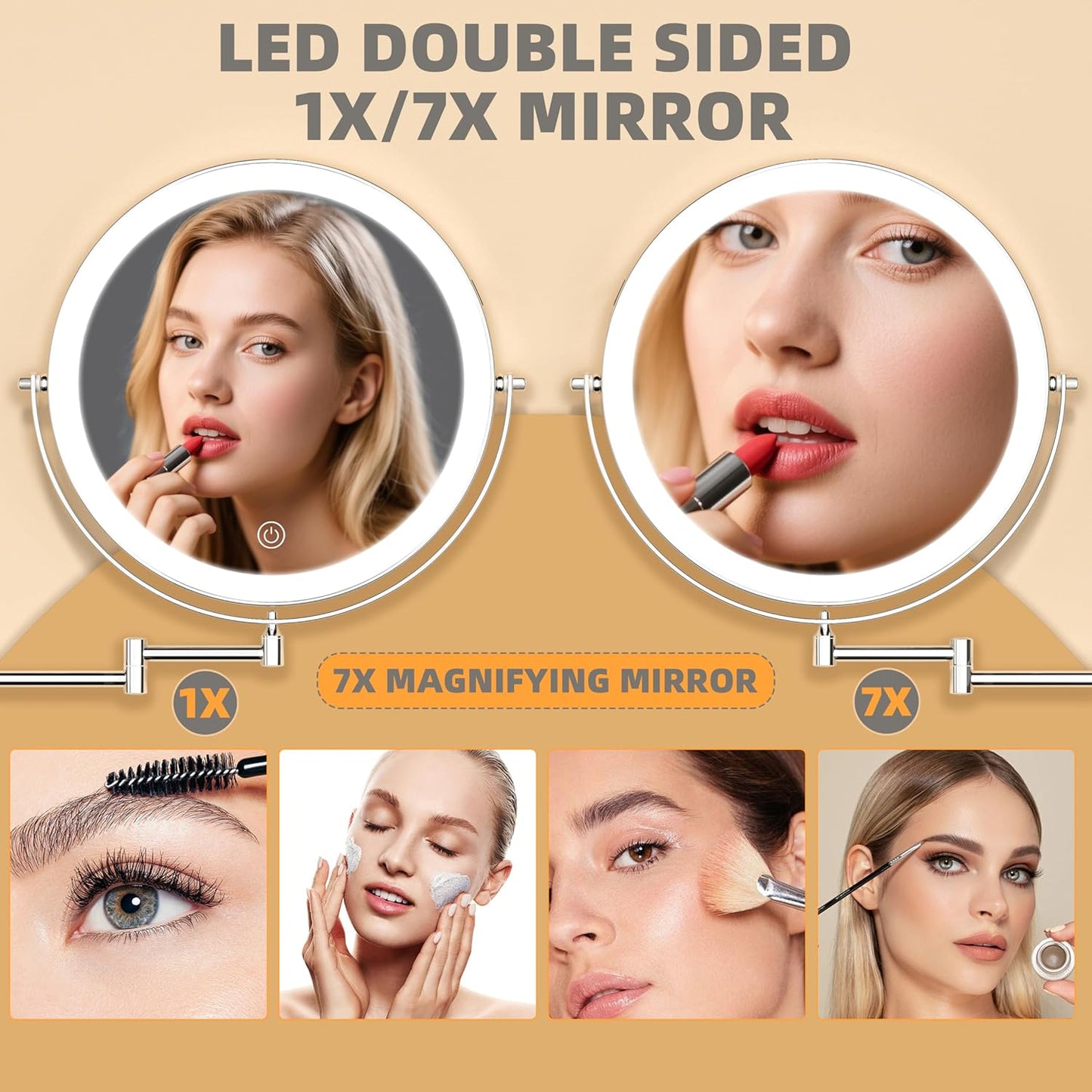 Wall Mounted Makeup Mirror with Light - 10” Double-Sided 1X/7X Magnification | Dimmable 3-Color Touch Control, 360° Rotation