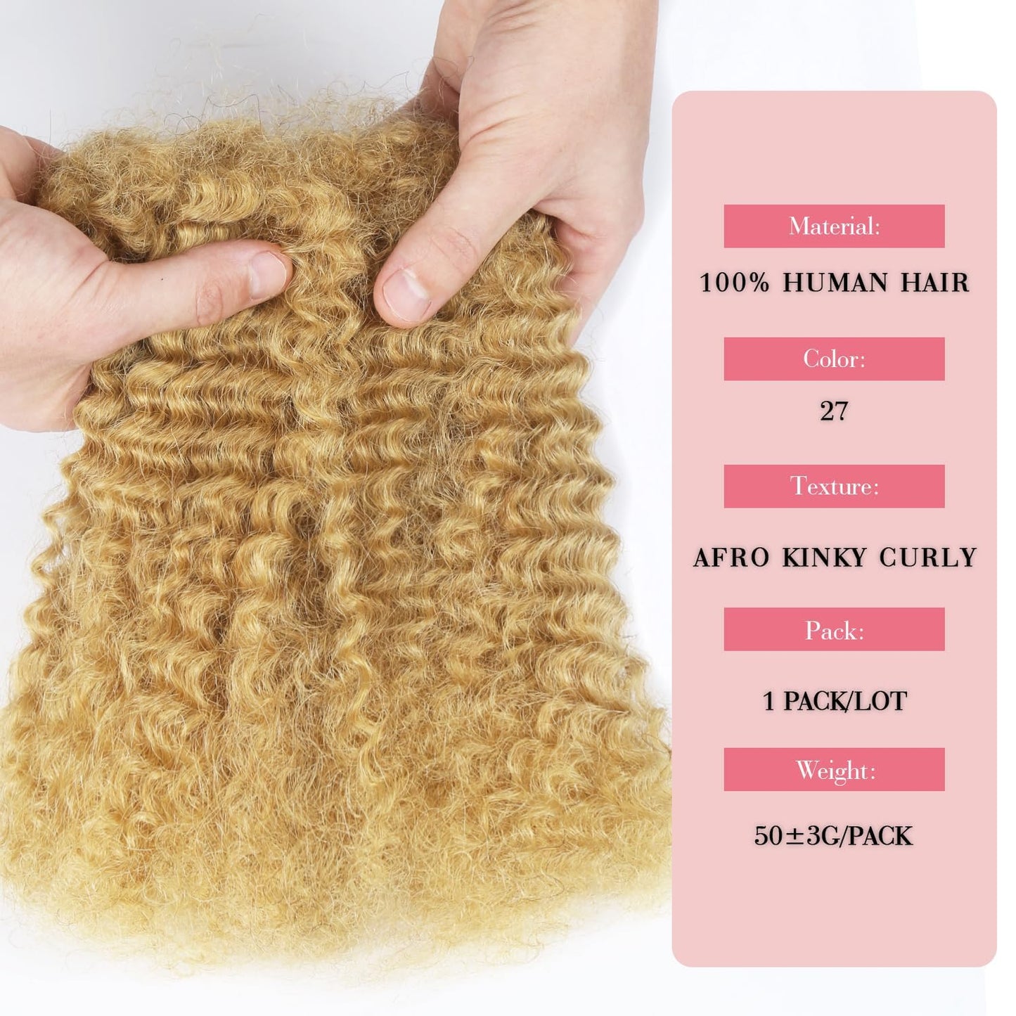 Unipearl Afro Kinkys Bulk Human Hair for Dreadlock Extensions 50g/Pack 18 Inch Honey Blonde 100% Afro Bulk Human Hair for Twists Repair Locs and Kinky Braiding Hair