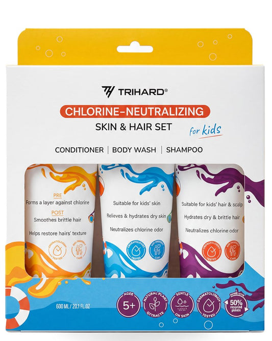 TRIHARD Kids Chlorine Hair and Body Protection Essentials for Swimmers | 3-in-1 Shampoo, Conditioner, & Body Wash for Children’s Sensitive Skin & Hair Pre and Post Pool or Ocean