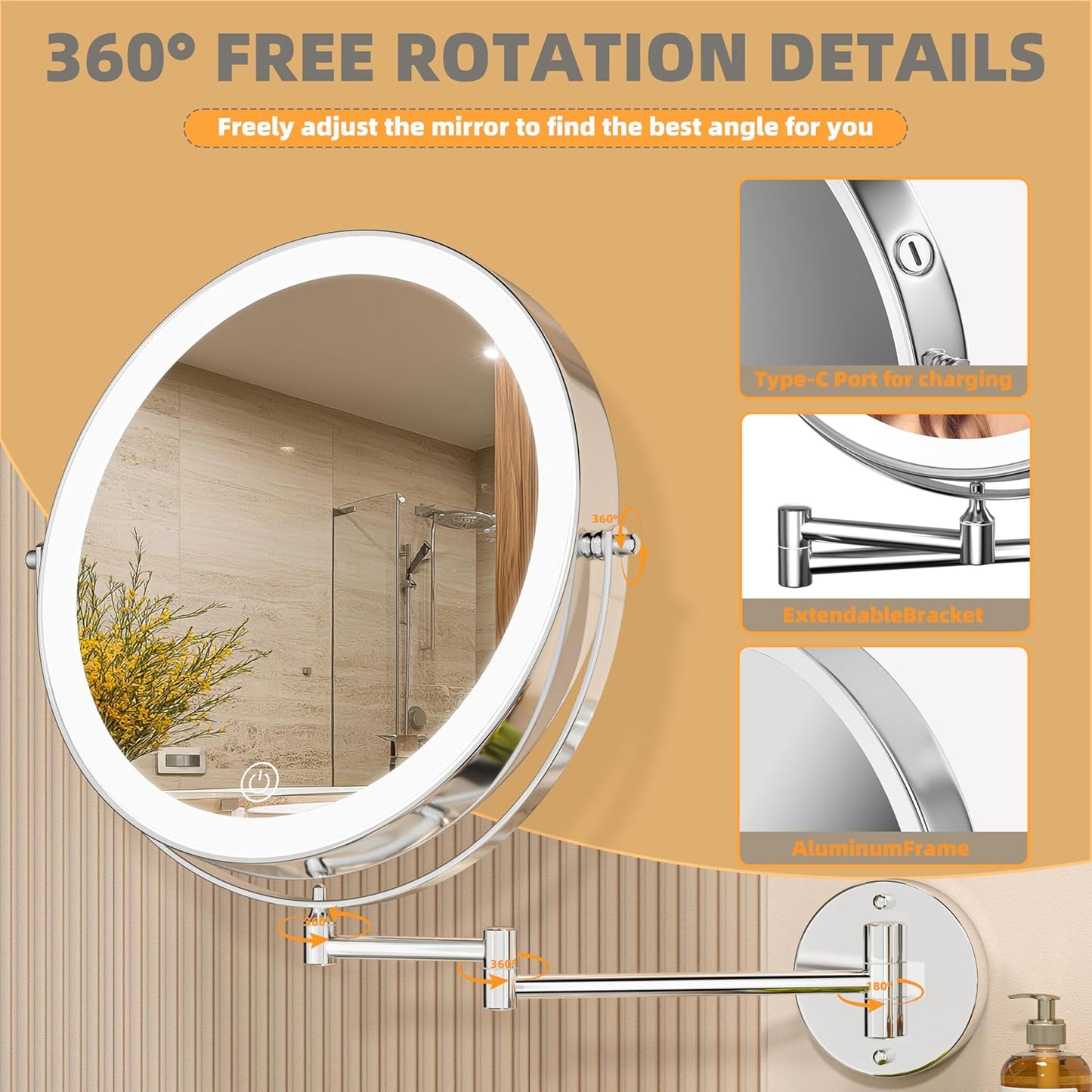 Wall Mounted Makeup Mirror with Light - 10” Double-Sided 1X/7X Magnification | Dimmable 3-Color Touch Control, 360° Rotation