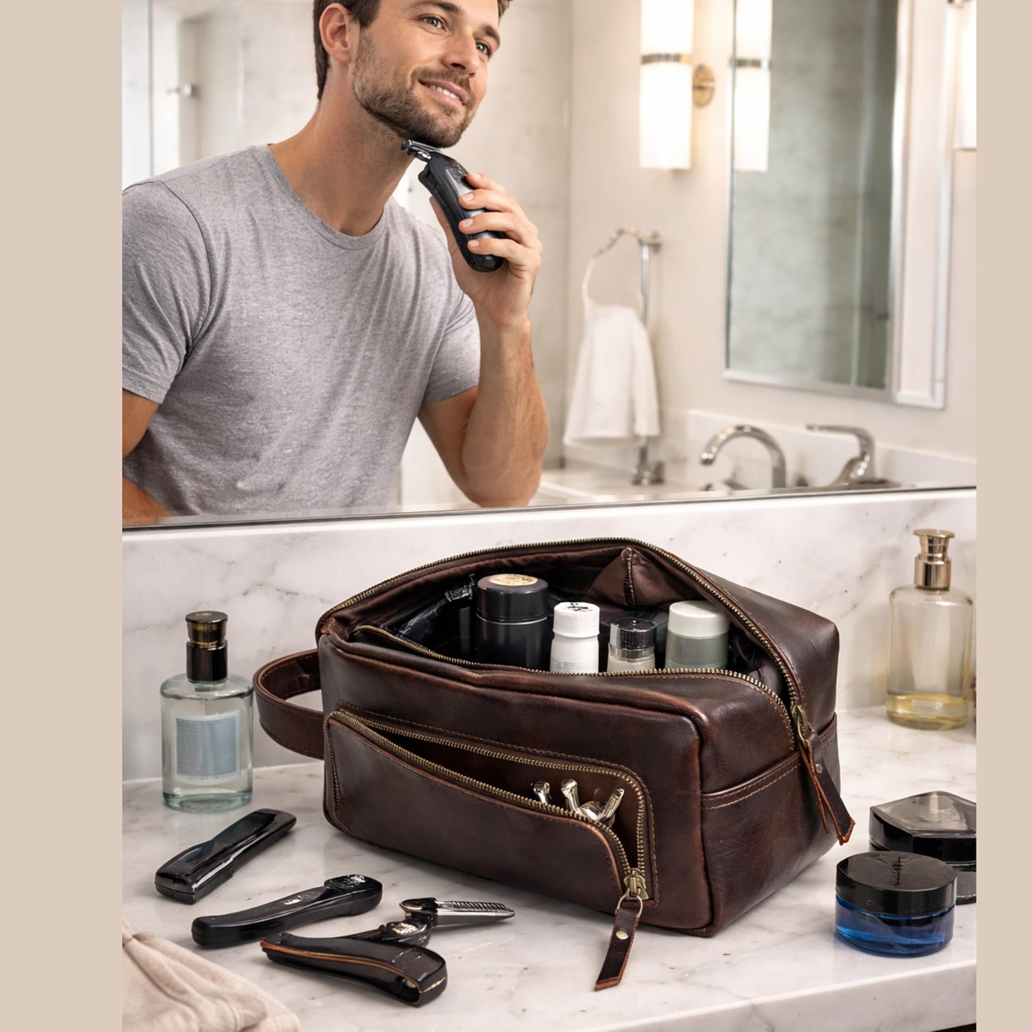 cuero Leather Brown Dopp Kit Unisex Travel Toiletry Cosmetic Pouch Shaving Kit Men Women (black)