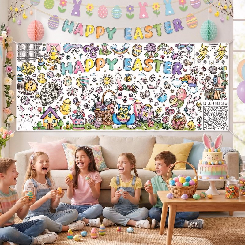Easter Giant Coloring Poster/Tablecloth, 30 x 72 Inch Jumbo Craft for Kids Art Crafts Paper Banner Kids Games Activities,Coloring Tablecloth Crafts for Easter Classroom Wall School Home Parties