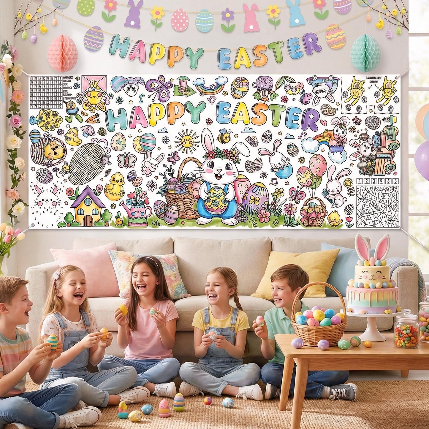 Easter Giant Coloring Poster/Tablecloth, 30 x 72 Inch Jumbo Craft for Kids Art Crafts Paper Banner Kids Games Activities,Coloring Tablecloth Crafts for Easter Classroom Wall School Home Parties
