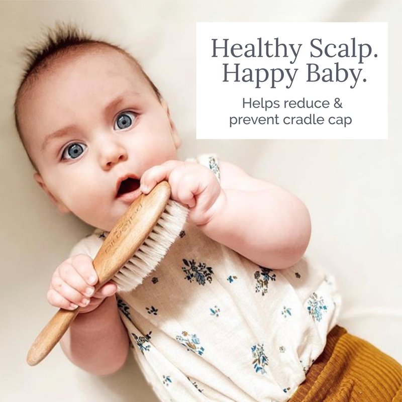 Natemia Wooden Baby Hair Brush - Natural Goat Hair Bristles - Gentle Soft Bristles for Scalp Massage - Cradle Cap Comb for Flake Removal - For Baby Grooming Kit & Toddler Hair Brush