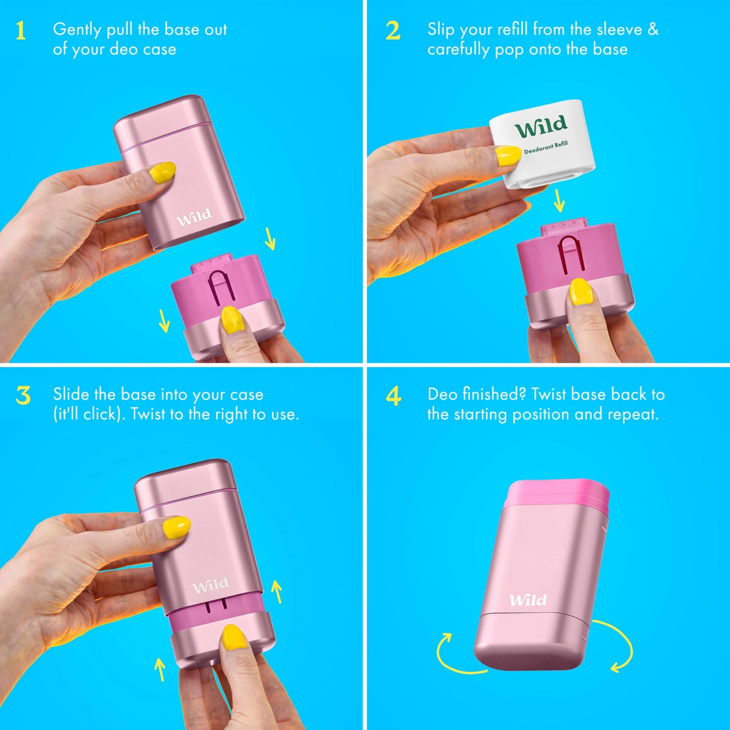 Wild Aluminum Free Natural Deodorant Starter Kit - Refillable Pink Case - Natural Ingredients & 24 Hour Odor Protection - Women's - Fresh Cotton and Sea Salt Scent - Case + 1 Refill