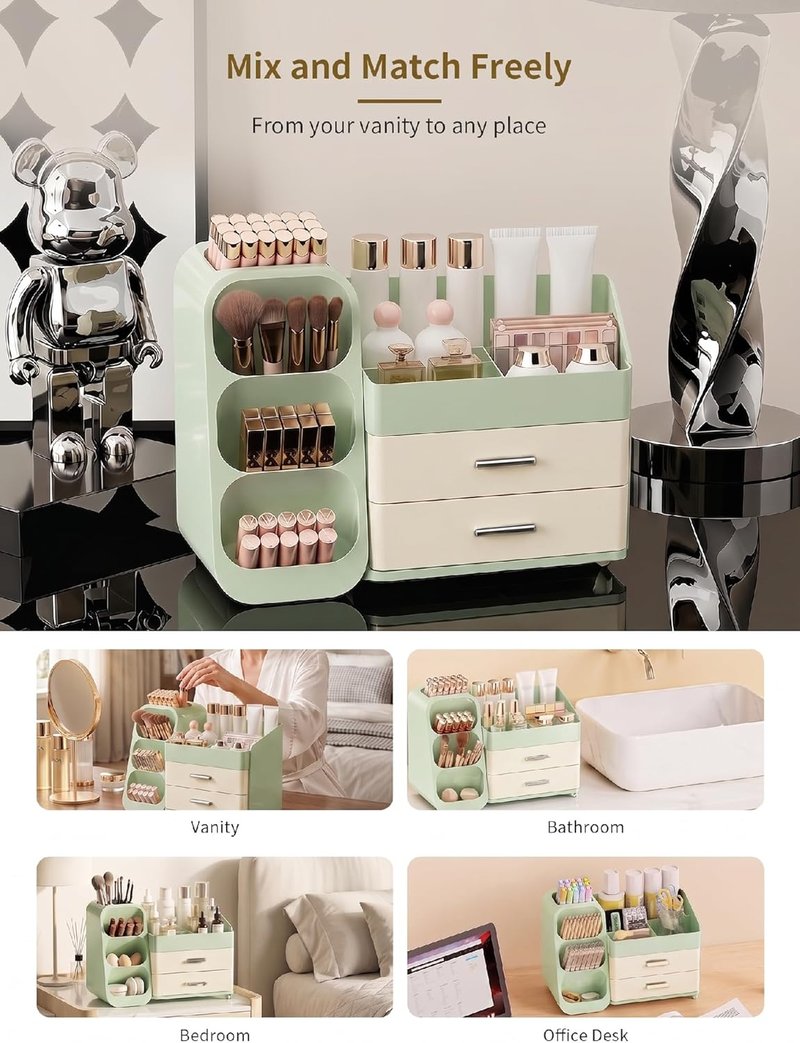 Makeup Organizer - Large Capacity Vanity Storage Case with Drawers | Cream Green Cosmetic Display for Skincare & Beauty Tools