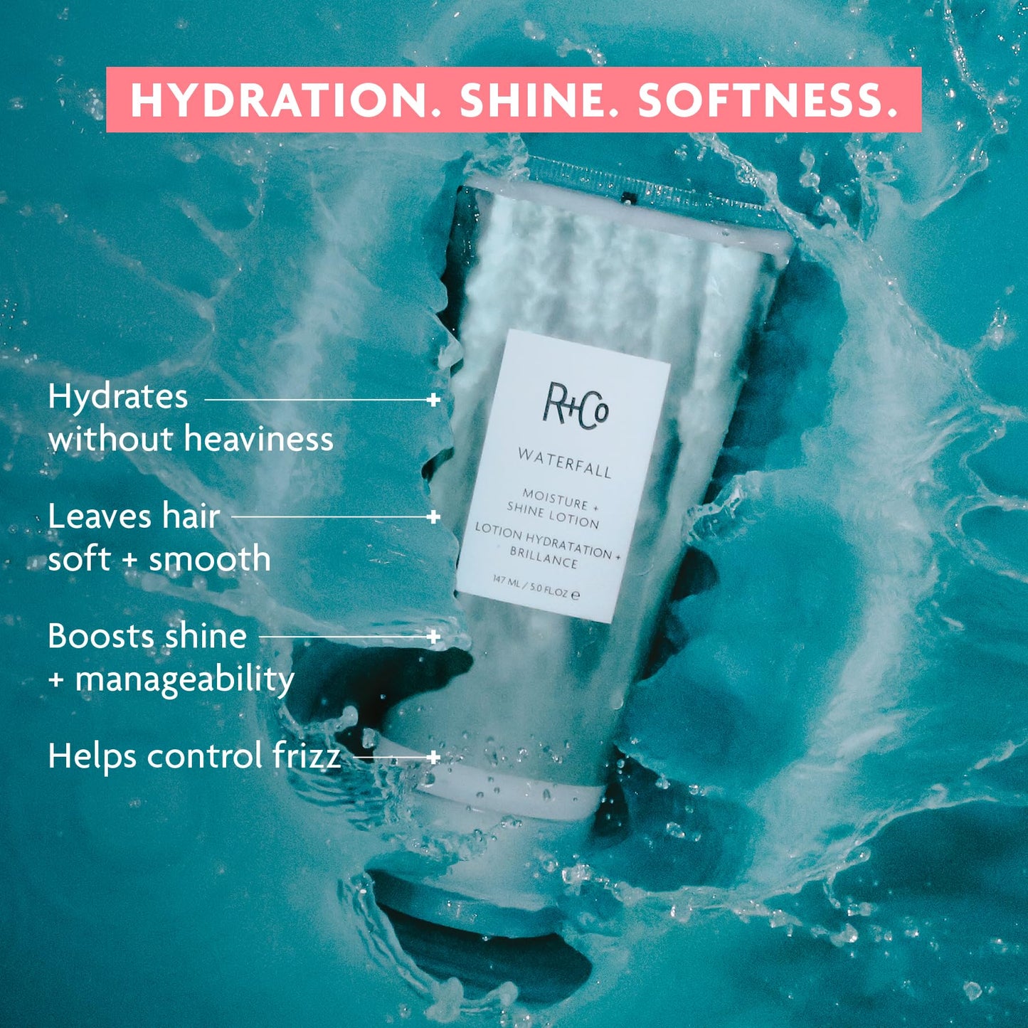 R+Co Waterfall Moisture and Shine Lotion | Lightweight Hair Hydration + Softness | Vegan + Cruelty-Free | 5 Fl Oz