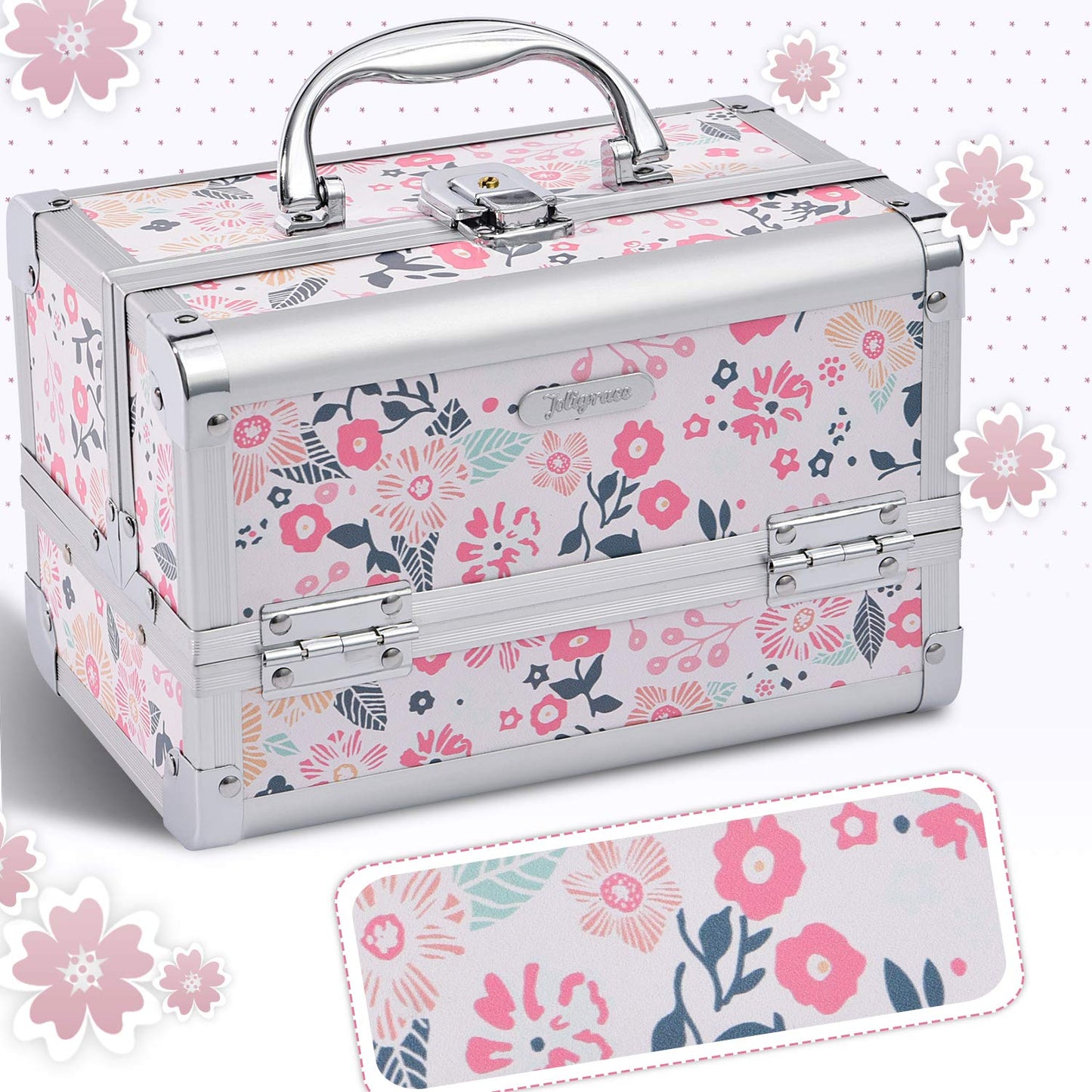 Joligrace Makeup Box Cosmetic Train Case Jewelry Organizer Lockable with Keys and Mirror 2-Tier Tray Portable Carrying Travel Storage Box for Girl - White Floral