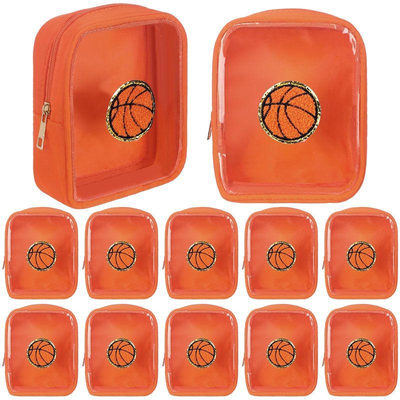Reginary 12 Pcs Basketball Party Favors Basketball Makeup Bags Bulk with Chenille Patch Valentine Team Gifts Waterproof Travel Size for Women