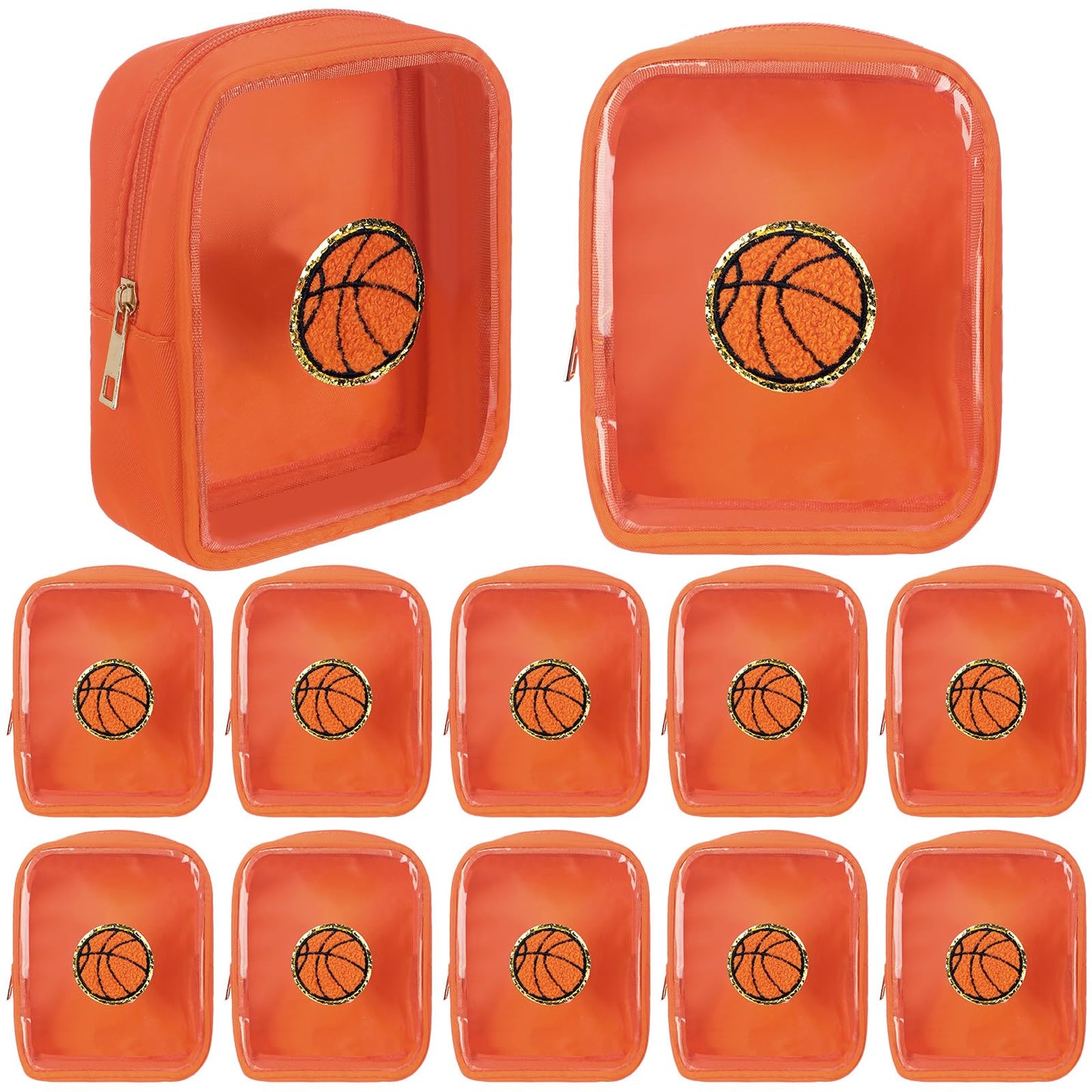 Reginary 12 Pcs Basketball Party Favors Basketball Makeup Bags Bulk with Chenille Patch Valentine Team Gifts Waterproof Travel Size for Women