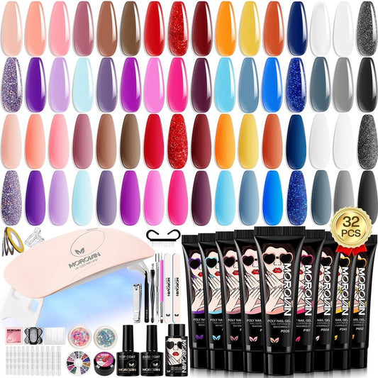 Poly Gel Nail Kit for Beginners: 32 Colors Gel Extension Nail Set with U V Lights for Starter DIY Nail Art Extension at Home Gifts for Ladies & Girls