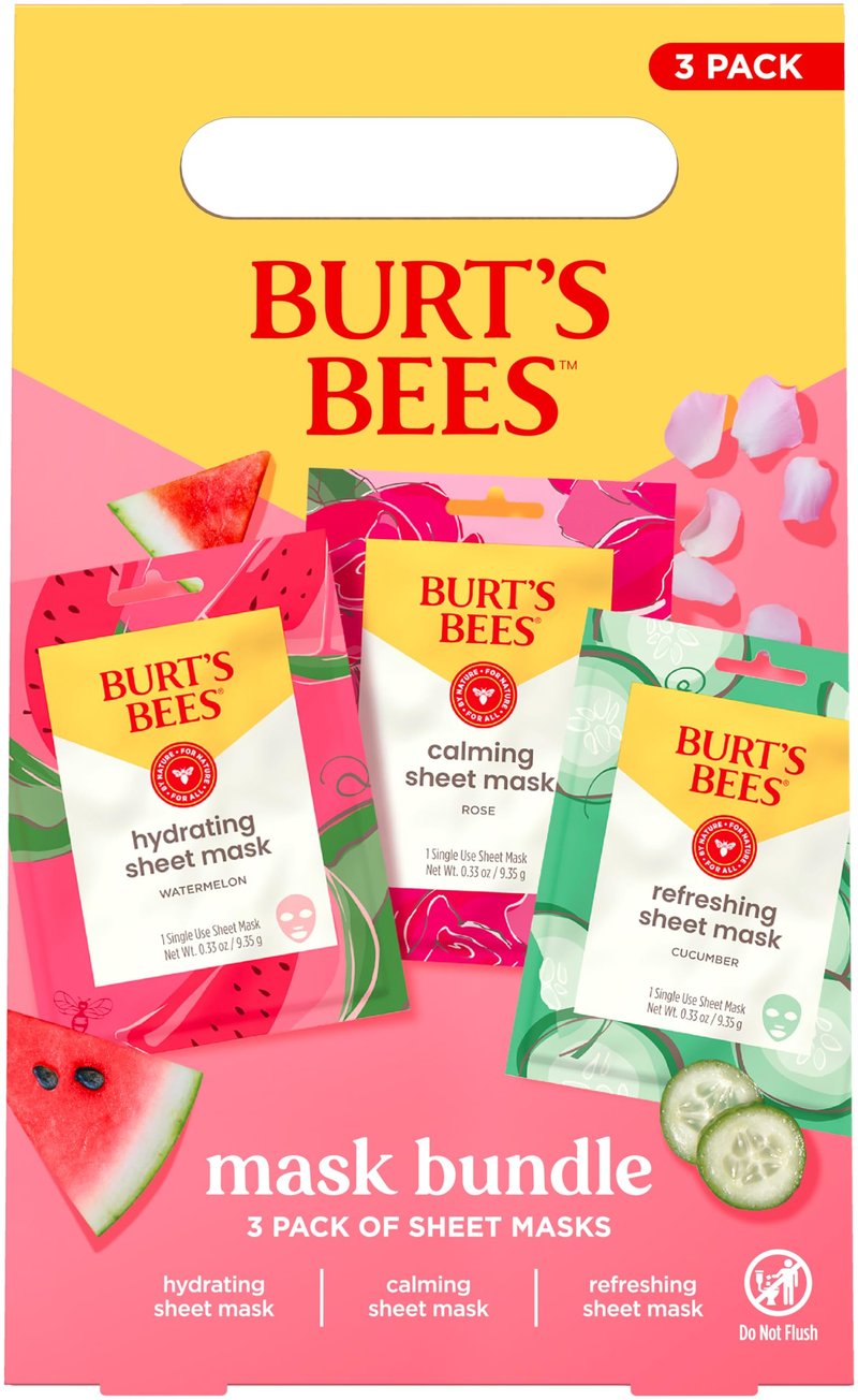 Burt's Bees Mothers Day Gifts, Face Mask Bundle Set, Hydrating Watermelon, Calming Rose, & Refreshing Cucumber, Face Sheet Masks for Single Use Skin Care, 99% Natural Origin, 3 Count, 0.33oz Each