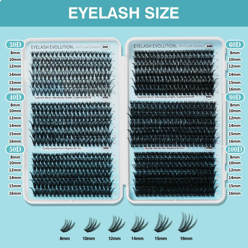 Lashes Clusters Kit,708PCS Wispy Lash Clusters 30D-100D,8-16mm C Curl 0.07mm Soft Individual Cluster Lashes with Bond & Seal for Natural, Wispy or Volume Look