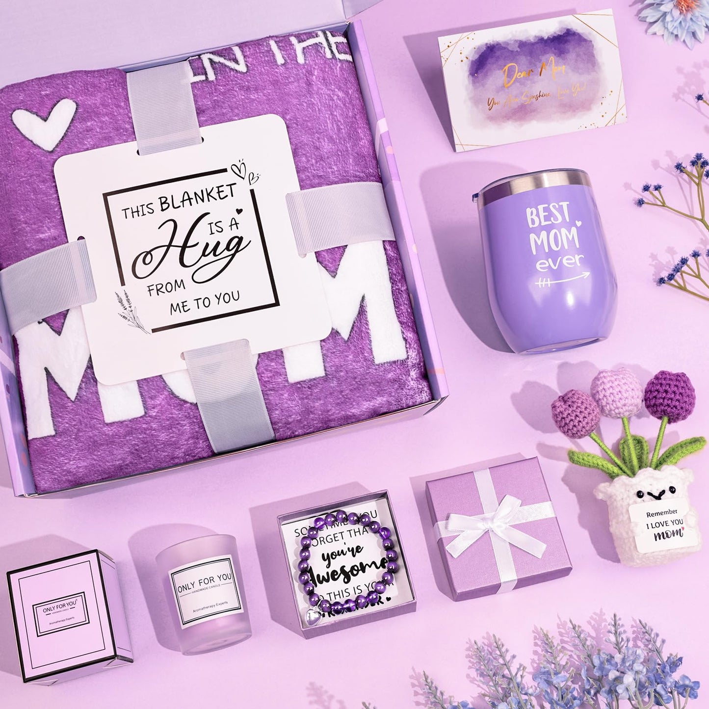 Birthday Gifts for Mom from Daughter Son, Lavender Relaxing Basket Gifts Set with Luxury Flannel Purple Blanket for Women, Great Birthday Thanksgiving Christmas Mother's Day Ideas for Mom Wife Her