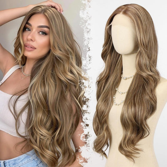 testar Brown Wigs Lace Front Wig Ready to Wear 13x6 HD Glueless Wave Lace Wig for White Women Heat Resistant Synthetic Fiber Wig Long Wavy Wig Natural Black (28 Inch)