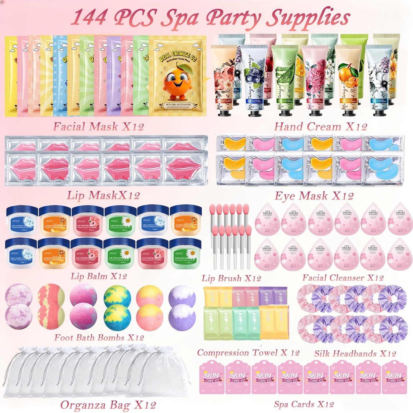 144 PCS Spa Party Supplies for Women,Spa Day Favors Essentials Include Face Masks Skincare, Lip Balm, Under Eye Patches, Foot Bath Bomb,Sleepover Party Supplies Spa Birthday Kit for Women Gift Set