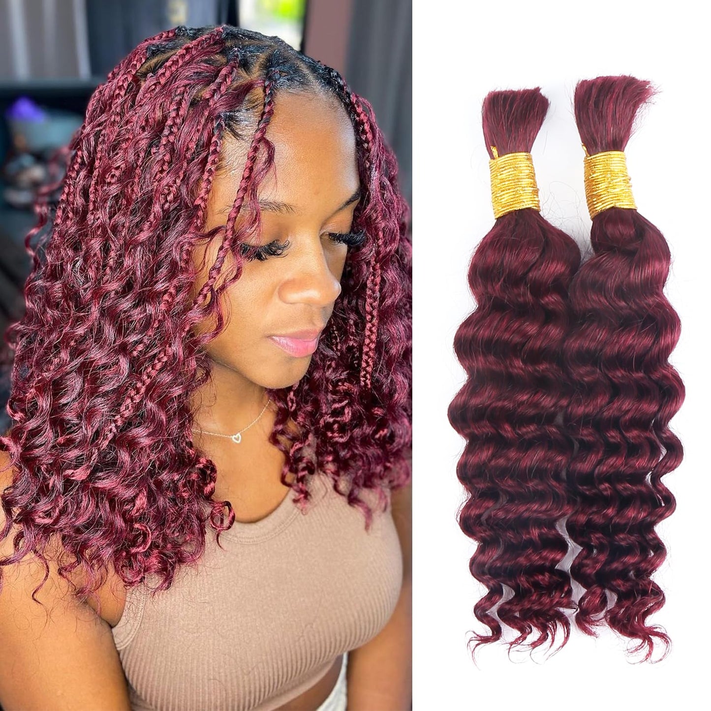 Human Braiding Hair for Boho Braids Burgundy Deep Wave Bulk Human Hair for Braiding 14 Inch 2 Bundles 100G #99J Wet and Wavy Curly Human Hair Red Braiding Hair Extensions No Weft Bundles for Braiding