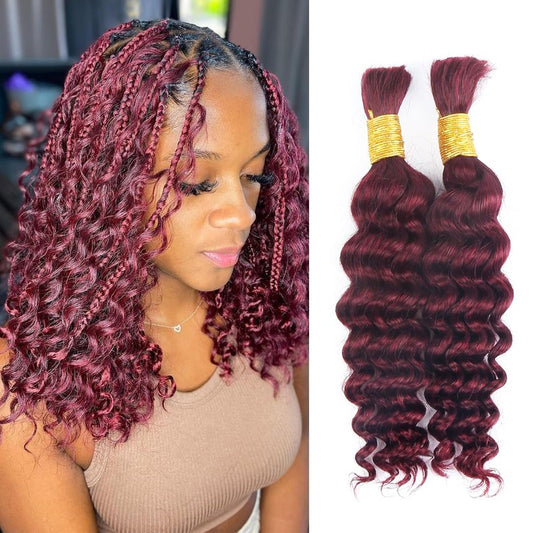 Human Braiding Hair for Boho Braids Burgundy Deep Wave Bulk Human Hair for Braiding 16 Inch 2 Bundles 100G #99J Wet and Wavy Curly Human Hair Red Braiding Hair Extensions No Weft Bundles for Braiding