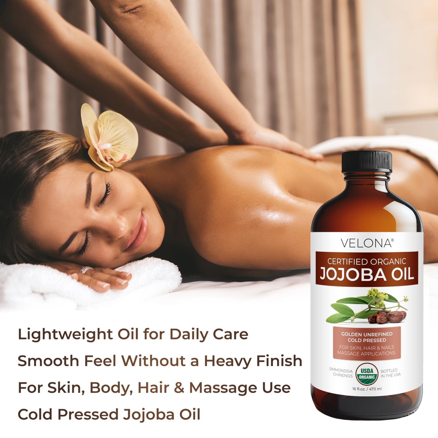 velona Jojoba Oil USDA Certified Organic - 16 Fl Oz in Glass Bottle | 100% Pure and Natural | Golden, Unrefined, Cold Pressed, Hexane Free | Moisturizing Face, Hair, Body, Skin Care