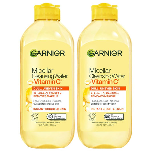 Garnier Micellar Water with Vitamin C, Facial Cleanser & Makeup Remover, Brightening & Hydrating, For All Skin Types, Vegan, Cruelty Free, 13.5 Fl Oz (400mL), 2 Count