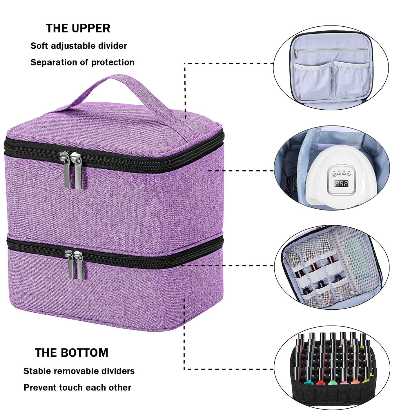 ZBX Nail Polish Organizer Purple Color Large-Capacity Double-Layer Nail Polish Travel Cases Holds 42 Bottles (15ml) and 1 LED Nail Lamp With Adjustable Anti-Vibration Divider
