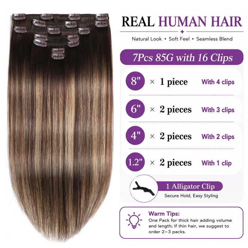 Clip in Hair Extensions Real Human Hair, Remy Human Hair Clip in Extensions for Women, 14 Inch 7Pcs 85g, Balayage Chocolate Brown to Caramel Blonde, Natural Straight Hair