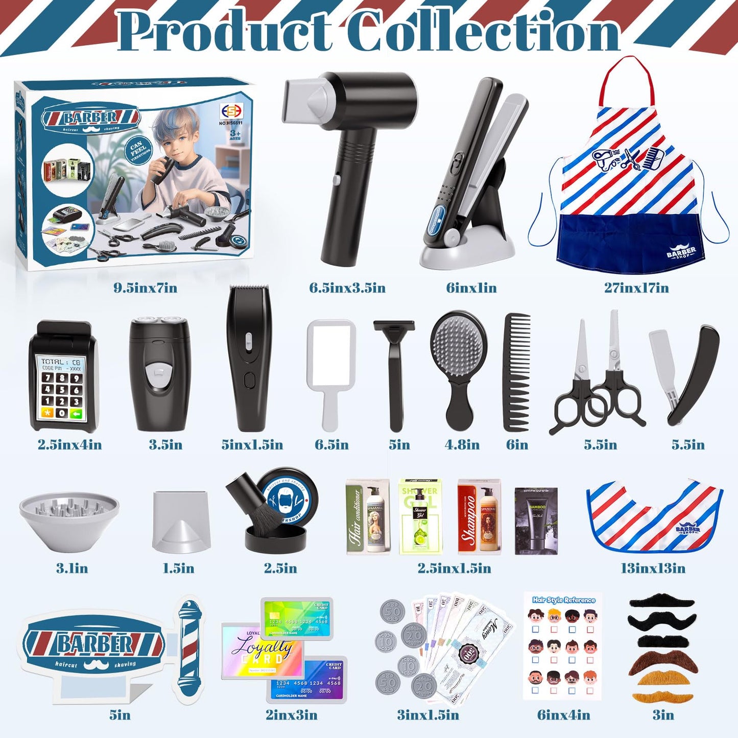 G.C 52Pcs Kids Hair Salon Toys Barber Kit Toddler Pretend Play Hair Cutting Boys Shaving Set with Hairdryer Shaver Razor Flat Iron Clipper Apron Scissors Styling Accessories Birthday Gifts