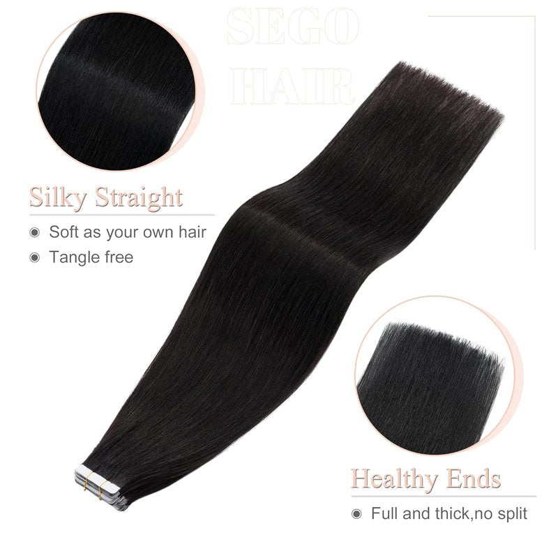 Tape In Hair Extensions - 16 Inch Black Remy Human Hair, 20pcs 50g | Straight #01 Jet Black