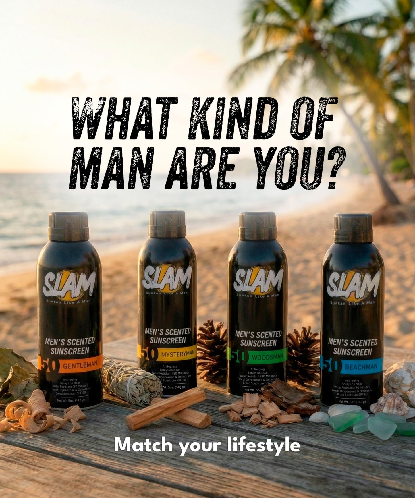 SLAM Men’s Sunscreen SPF 50 Spray - Broad Spectrum UVA/UVB Protection - Non-Greasy & No Harsh Chemicals - WoodsMan Sandalwood Teakwood Bergamot Cologne Scented - 2 Pack