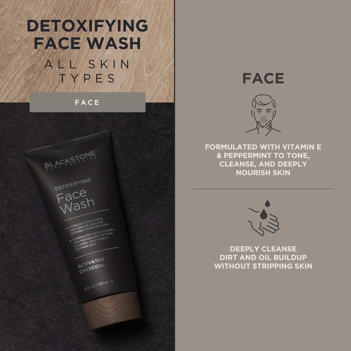 Blackstone Men's Grooming Detoxifying Face Wash with Vitamin E and Peppermint - Deep Cleansing & Exfoliating | Paraben Free, Activated Charcoal (6 Fl Oz)