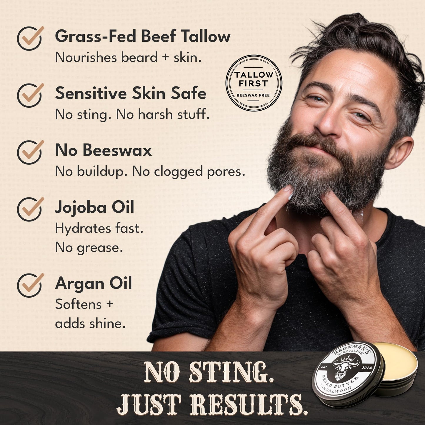 Bronmans Beef Tallow Beard Butter for Men - 4oz - Hydrating Sandalwood Beard and Skin Balm with Shea Butter - Deeply Moisturizing Tallow