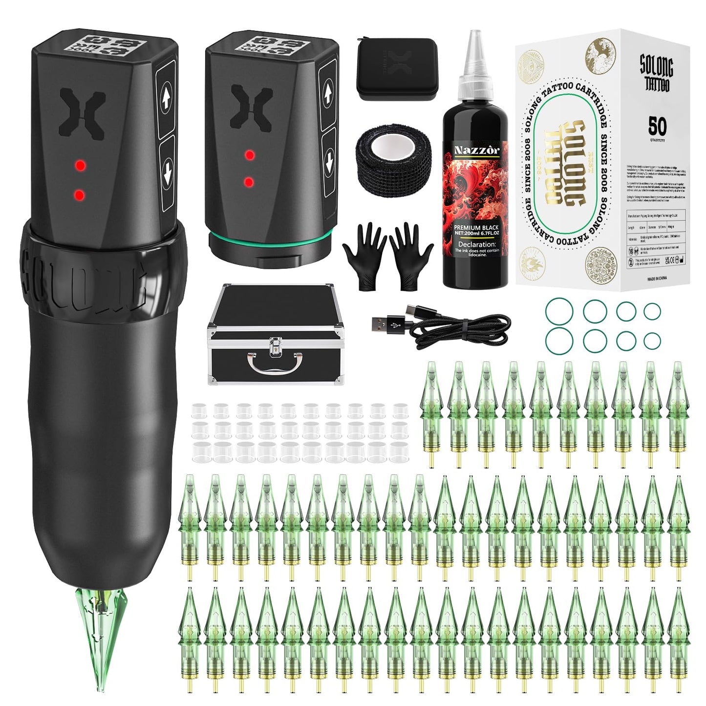 Nazzor Complete Tattoo Kit, Tattoo Gun Tattoo Machine with 2 Pack 1800mAh Battery Power Supply, 50 Cartridge Needles, Black Tattoo Ink & Storage Case for Professional Tattoo Artists