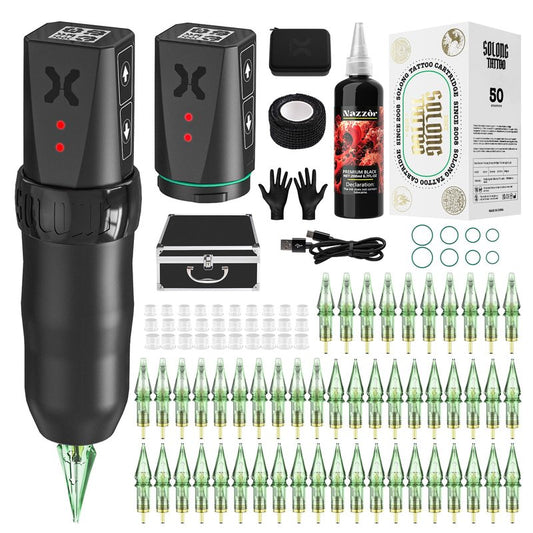 Nazzor Complete Tattoo Kit, Tattoo Gun Tattoo Machine with 2 Pack 1800mAh Battery Power Supply, 50 Cartridge Needles, Black Tattoo Ink & Storage Case for Professional Tattoo Artists