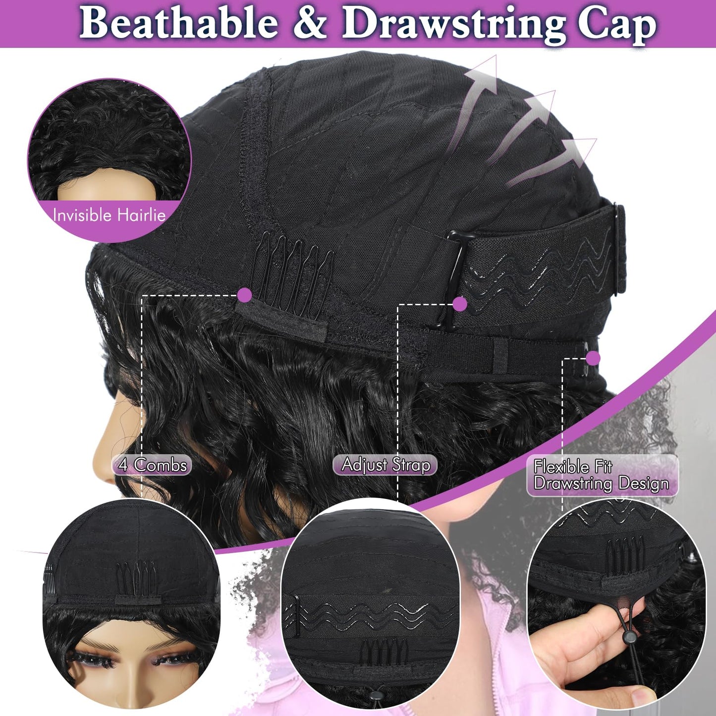 DEYNGS Synthetic Half Wig, Long Water Wave 3 In 1 Black Half Wigs For Black Women, Seamless Flip Over Glueless Beginner Friendly Deep Wavy Curly Wigs Drawstring Headband Wig for Daily Use