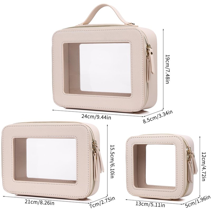 Pinkmik Clear Makeup Bag Waterproof Travel Case for Cosmetics and Toiletries Women's Purse Organizer and Clear Car Bag with Zipper (Beige, L+M+MINI)