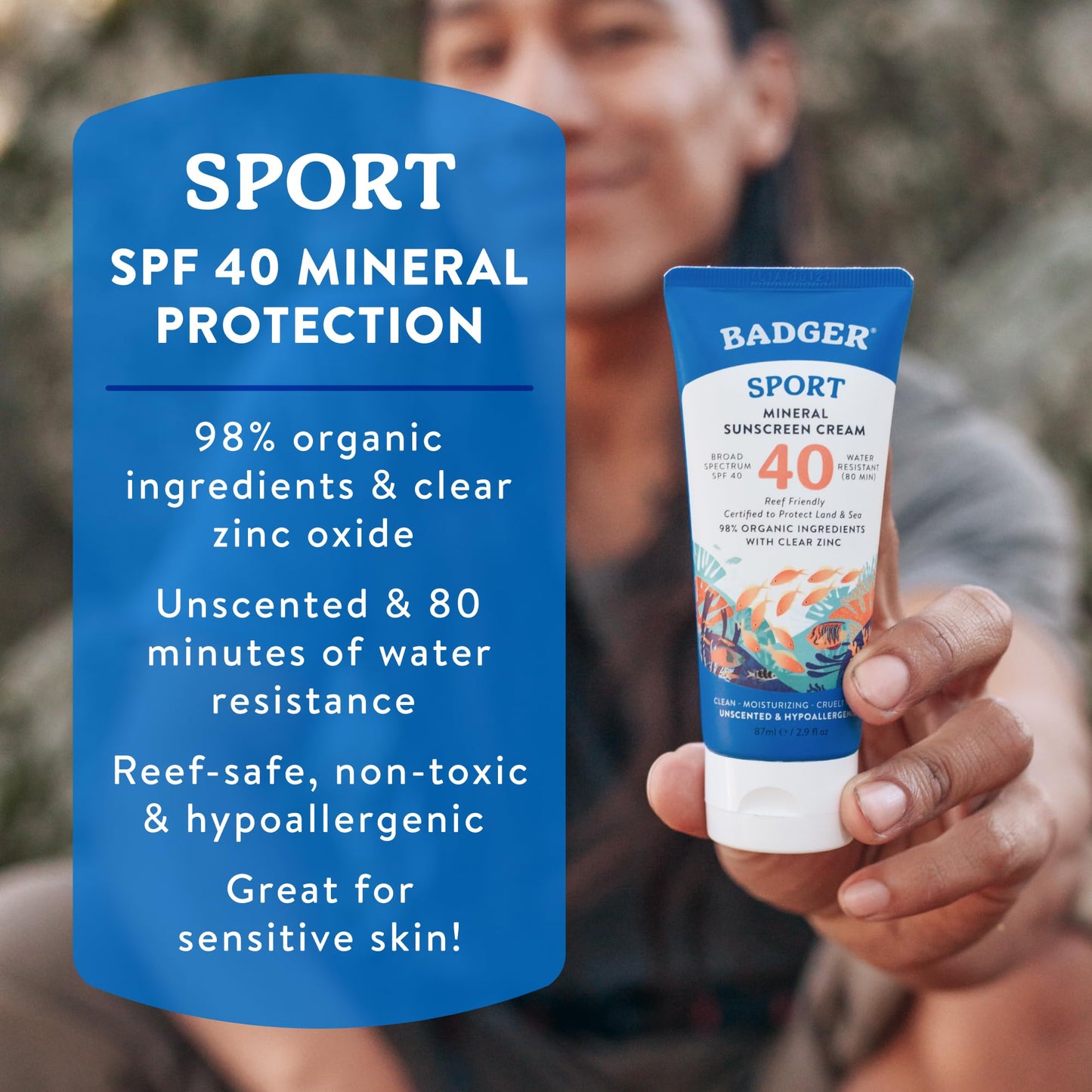Badger Reef Safe Sunscreen Tin, Unscented SPF 40 Sport Mineral Sunscreen, 98% Organic, 80min Water Resistant Travel Size Hawaii Approved, 2.4 oz Tin, 2-Pack