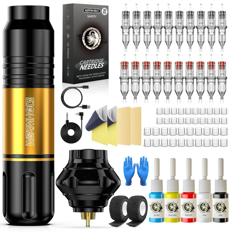 Wormhole Tattoo Gun Kit Tattoo Kit 1050mAh Tattoo Battery Pack Complete Rotary Tattoo Practice Machine Kit 20 Tattoo Cartridge Needles Wireless Power Supply WTK248