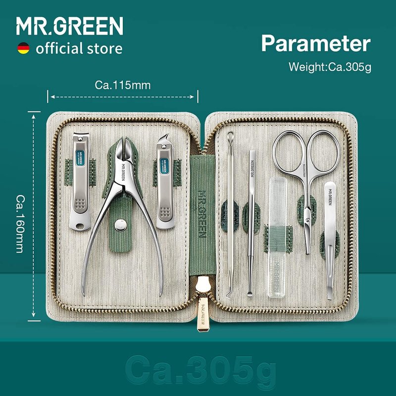 Manicure Set - Stainless Steel Nail Clipper & Pedicure Kit with PU Leather Case | Green