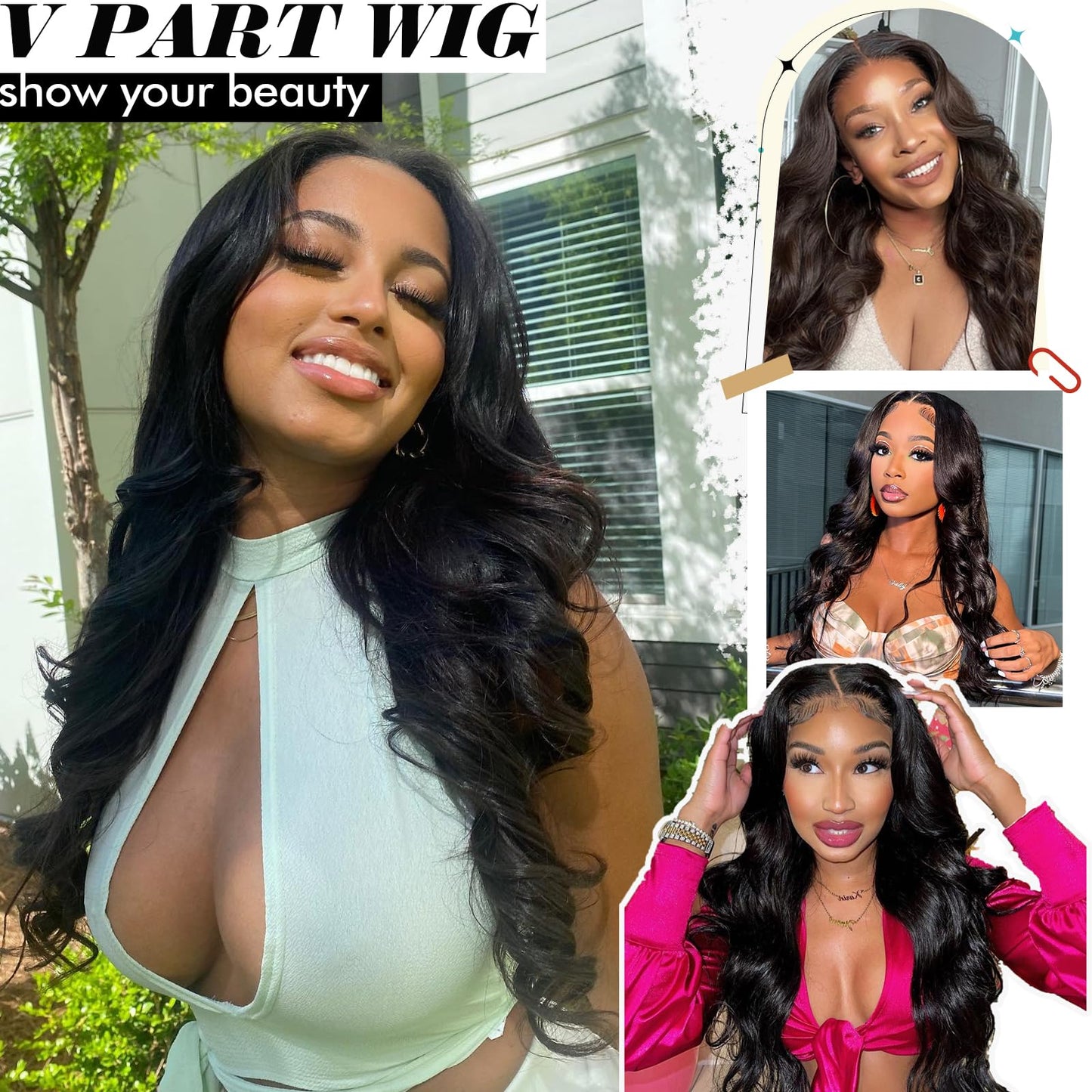 KRSI Black V Part Wig 24" Long Body Wave Synthetic U V Part Half Wigs Glueless Upgrade U Part Wig Glueless Full Head Clip in Hair Extensions for Black Women