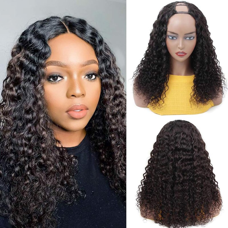 Kinky Curly Human Hair Wig for Black Women - U Part, 100% Unprocessed Brazilian Hair, 150% Density | Natural Color, 14 Inch