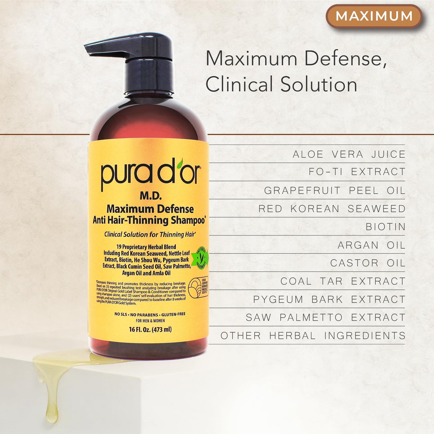 PURA D'OR MD Anti-Thinning Biotin Shampoo & Hair Regrowth Conditioner Set, Maximum Defense Herbal Blend Hair Thickening Products For Women & Men, For Scalp Health, Strong Coal-Tar Scented, 16oz x2