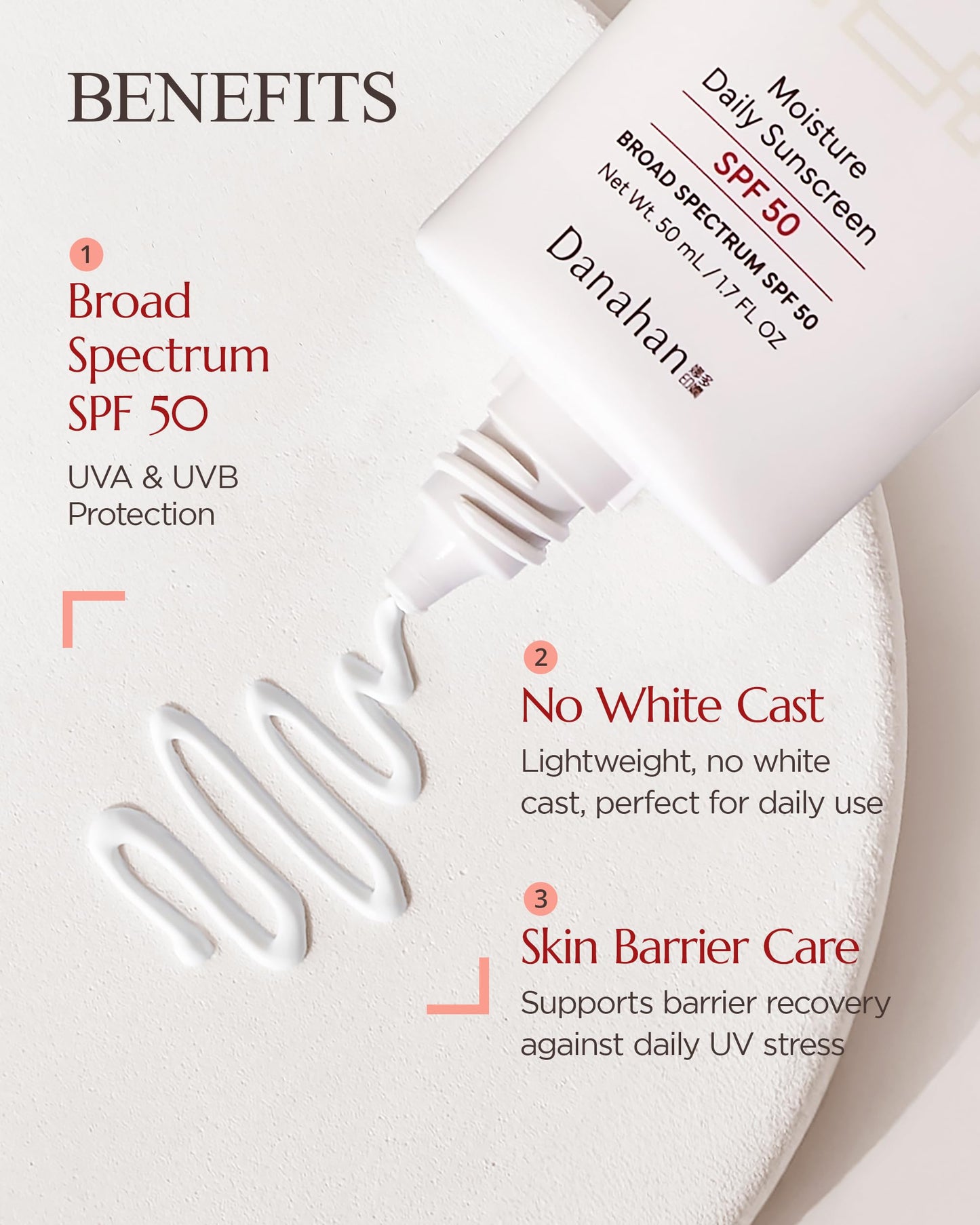DANAHAN Korean Face Sunscreen SPF 50 Broad Spectrum - Moisturizing Hybrid Formula, No White Cast on All Skin Tones with Ginseng + Niacinamide, Doubles as Makeup Primer, 1.7 oz