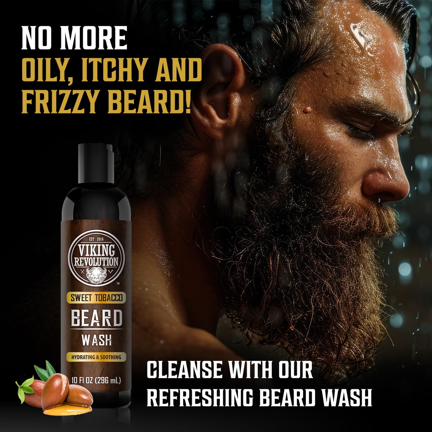 Viking Revolution Beard Wash & Conditioner for Men | Argan & Jojoba Oil Beard Softener (10oz, Sweet Tobacco)